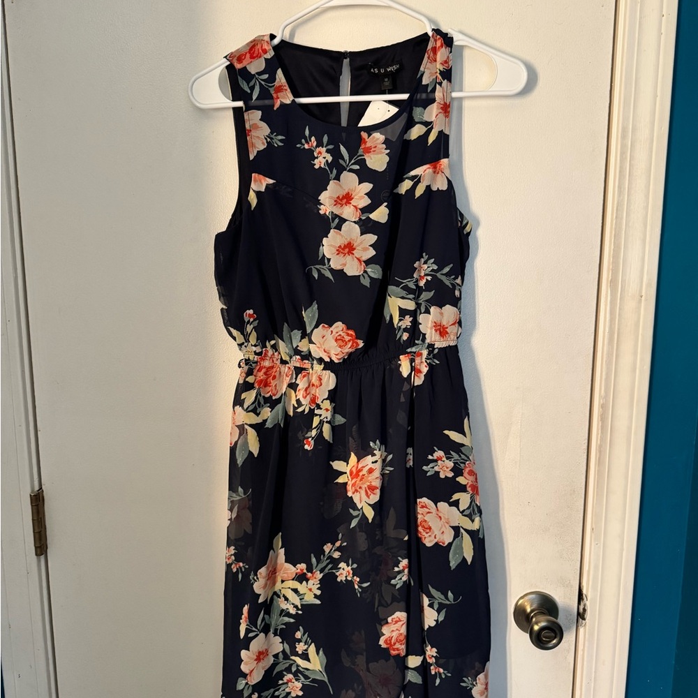 As You Wish Floral Sleeveless Dress - Navy and Pink